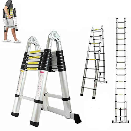 2,5 m + 2,5 m Scala telescopica pieghevole in acciaio inossidabile, scala estensibile da appoggio, 8 + 8 pioli, scala multifunzionale facile da trasportare, portata 150 kg