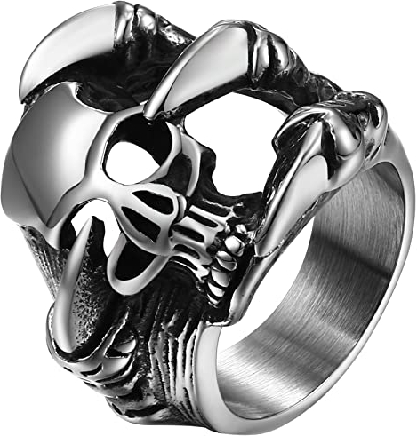 JewelryWe Schmuck Totenkopf Ring Herren Gothic Punk Schädel Klauen Krallen Bandring Edelstahl Biker Band mit Gravur, Silber Größe 67