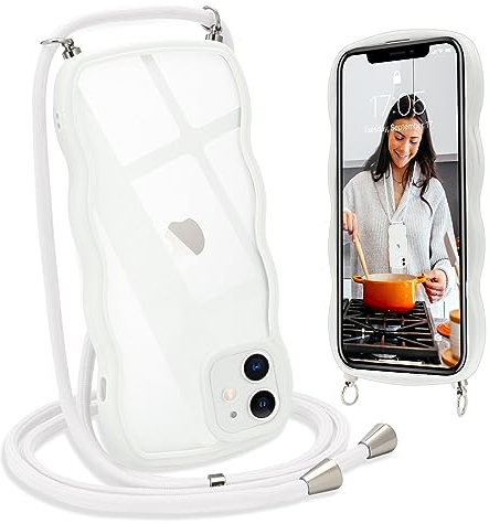 L-FADNUT Handykette für iPhone 11 Hülle mit Band, Silikon Wellen Rahmenform Handyhülle mit Kordel zum Umhängen, Transparent Schutzhülle Case für iPhone 11, Weiß