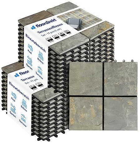 Floordirekt Natural Stone Slate Tiles 30 x 30 cm, 2 m² = 22 Patio Tiles, Click Tiles, Balcony Tiles, Flooring for Balcony and Patio, Weatherproof with Drainage Function, Rusty Slate