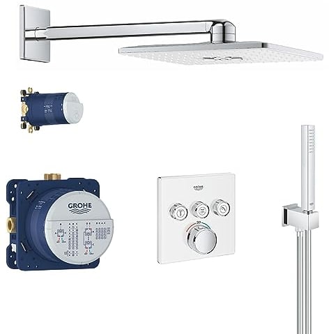 GROHE Rainshower SmartControl Cube - Installationsset (inkl. Thermostat, 310mm Kopfbrause, eckige Handbrause & Unterputz- Einbaueinheit), eckig, white glass
