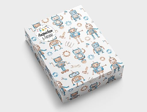Geschenkpapier für Jungen Roboter Geschenkverpackung für kleine Geschenke Kindergeburtstag Mitgebsel Gastgeschenke verpacken Kindermotiv (6 Bögen in DIN A3 + 6 Aufkleber + 25 Verschlusspunkte)