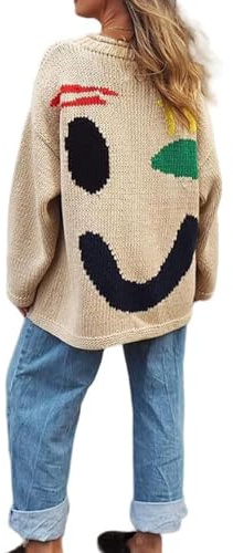 Knit Jumpers, Women’s Colorful Loose Crew Neck Pullover Sweater, Casual Comfy Jumper Tops for Couple (Multi Coloured face,XL)