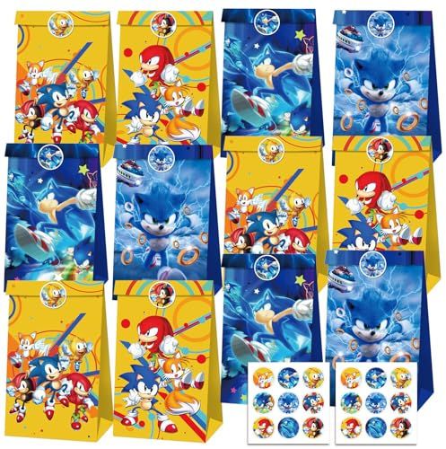 Geschenktüten, 12 Stück Papiertüten, 18 Stück Aufkleber, Geschenktüten Kindergeburtstag, Cartoon Süßigkeiten Tüten, Kinder Geschenktüten Geburtstag für Verpacken von Geschenken, Party