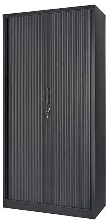 POLLOR Tambour Storage Cabinets, Lockable Steel Office Cupboard Rolling Sliding Door, 50kg Load Capacity Per Shelf (Black, 185cm)