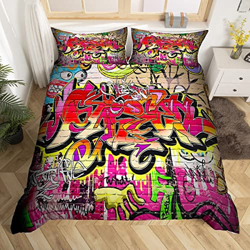 Homewish Hip-Hop-Bettwäsche-Set für Doppelbett, Graffiti-Bettwäsche, buntes Graffiti-Wandkunst-Design, Bettwäsche-Set für Kinder und Mädchen, Hippie-Straßenkultur, Dekor, Bettdeckenbezug, 3-teilig