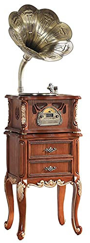 NOALED Gramófono, Tocadiscos de Vinilo, Reproductor de Vinilo Bluetooth, con Control Remoto, Radio FM, fonógrafo de Madera Vintage con bocina de Cobre para decoración de Oficina/hogar