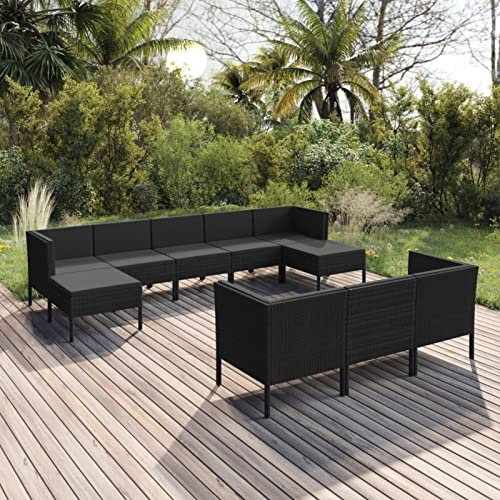 Blukee 10-TLG. Garten-Lounge-Set mit Auflagen Poly Rattan Schwarz Garden Furniture Sets Balkonsofa Gartensofa Loungemöbel Balkon Outdoor Sofa Gartenlounge Outdoor Balkonlounge