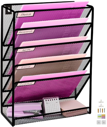 ideallife 5 Fächer, Netz-Wand-Aktenhalter mit flacher Ablage unten, Büro-Hängeregister, Zeitschriftenständer, Namensschild-Haken-Set inklusive, schwarzes großes Netzgewebe