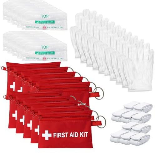 Yzpacc 10Satz Mini Erste Hilfe Set – CPR Pocket Mask Schlüsselanhänger CPR Gesichtsschutz mit Atmungsbarriere & elastischem Gürtel & ein Paar Einweghandschuhe für Reisen, Zuhause, Camping