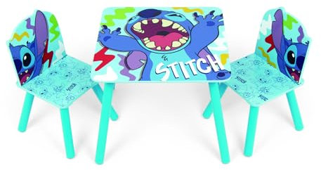 ARDITEX – Tisch- und 2 Stuhl-Set aus Holz für Kinder Offizielle Lizenz Stitch – Tisch 50x50x44 cm/Stuhl 26,5x26,5x50 cm – Hellblau – Ideal zum Spielen, Malen und Basteln