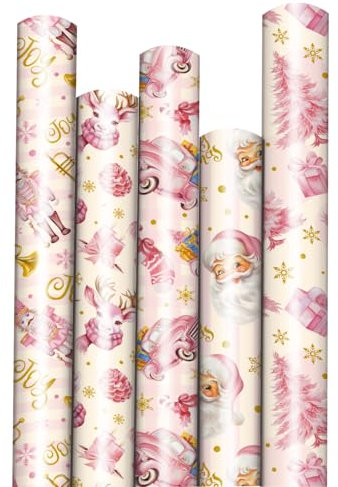 SULOLI 5 Rouleaux Rose Papier Cadeau Noël, Papier d'Emballage de Noël en 5 Motifs Différents, Set de Papier Cadeau de Noel (43cm*3m)