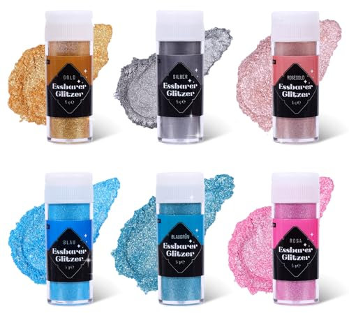 Essbares Glitzer Set 5g x 6 Farben Lebensmittel Glitzer für Getränke, Glitzerpulver Geschmacksneutrales Lebensmittelfarbe Pulver, Glitzerpuder für Torten, Champagner, Kuchen, Fondant, Cocktail，Wein