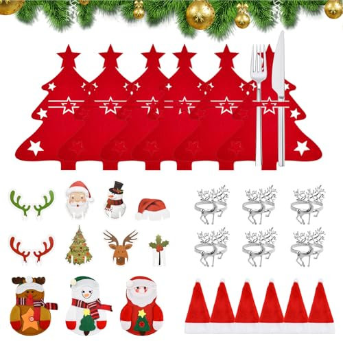 SLTAXAR 45PCS Weihnachten Besteckhalter Weihnachtsbaum Bestecktasche Filz Bestecktasche Besteckbeutel Weihnachtsdeko Tischdeko serviettenringe Silber Serviettenschnallen Weinglas Marker Weihnachten