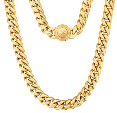 KRKC&CO 12mm Herren Panzerkette mit rundem Kompass Verschluss, 18K Gold plattiert Cuban Link Chain, Edelstahl Miami Kubanische Gliederkette Goldkette, Halskette für Männer Jungen [Größe 50,8cm]