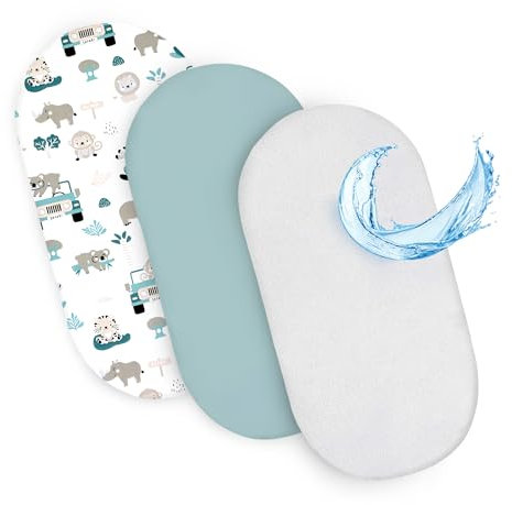 Spannbettlaken Kinderwagen Baby Spannbetttücher 3er Set: 75 x 35 cm - 2X Bettlaken + 1x wasserdichter Matratzenschoner - Babybett Zubehör für Kinderbett Beistellbett Stubenwagen