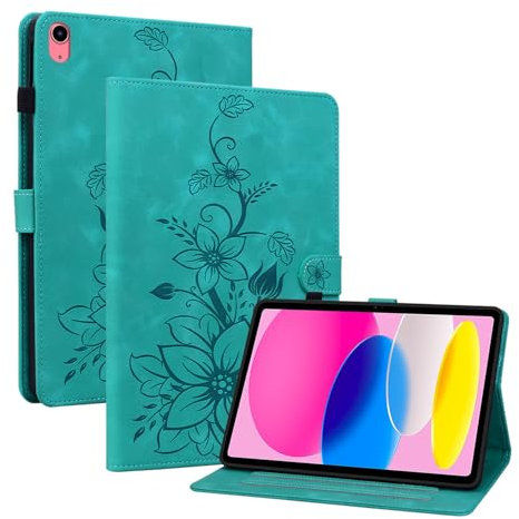 Rosbtib Coque pour iPad 11 Génération (A16 2025) 11/iPad 10 Génération 2022 10.9, Multi-Angles de Visualisation Housse de Protection en Similicuir avec Porte-Carte Couverture Motif Lys, Vert