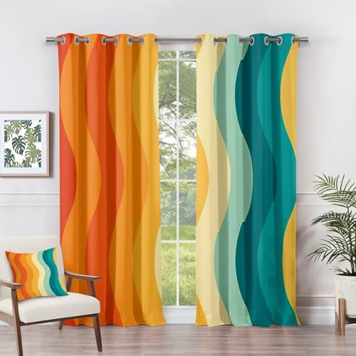 Vorhänge Retro - Boho Bunt Groovy 70er Jahre Fenster Gardinen mit Ösen, Vorhang Blickdicht Verdunklungsvorhänge Thermovorhang für Wohnzimmer Schlafzimmer Deko 2er Set, H 166 x B 75 cm J#-280