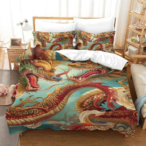 GAOYUCHUN Dragons Bettbezug Bettwäsche-Sets Kinderbettwäsche-Set Reißverschluss Mit Kissenbezügen Betten Set Für Jugendliche Kinder Schlafzimmer Single（140x200cm）