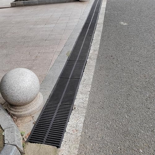 Canaleta Desague con Rejilla Tapa de Desagüe de Exterior de Plástico Polímero Recortable, Rejilla de Desagüe de Patio Rectangular Negra de 50 cm de Largo, Rejilla de Desagüe de Canalón de Lluvia(50x20