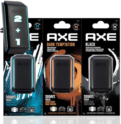 AXE Pack de 3 Ambientadores para Coche con Rejilla, Frescura Duradera de 30 Días con Fragancias Black, Dark Temptation e Ice Chill, Diseño Elegante y Discreto para un Viaje Refrescante
