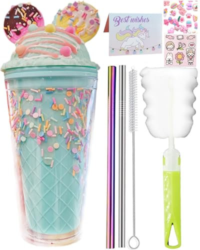 seelucky Unicorn Travel Tumbler with Straw Chocolate Ice Drinking Cup Milk Coffee Mug Plastic Cup for Picnic Party Birthday Gift (ice cream cookie ear blue, 450 ml)