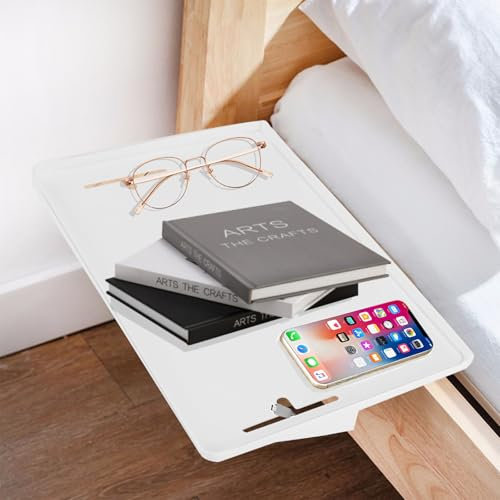 TUAKIMCE Bedside Shelf for Bunk Beds, Clip-On Nightstand Tray Organizer for Top Bunk Bed Shelf College Dorm Room Essential Bedside Storage with Cable Management, Space-Saving (White)