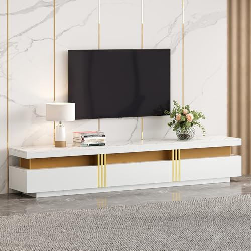 Moderner Lowboard TV-Schrank, Marmor-Optik, Luxuriös TV-Kommode, TV-Board 200x40x42 cm, Großer Fernsehtisch für Fernseher bis 90 Zoll, Fernsehschrank mit 3 Schubladen,goldene Dekoration,Weiß/Schwarz
