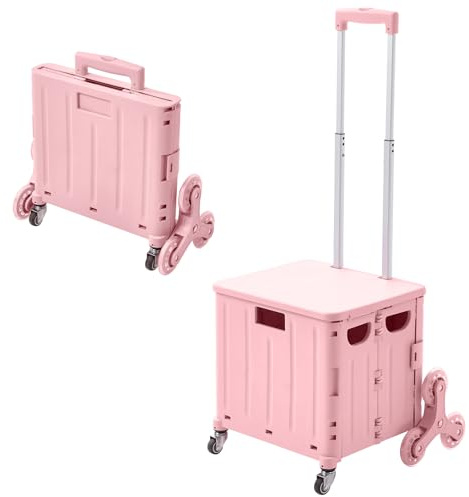 The Fellie Lightweight Stair Climber Foldable Shopping Trolley, 65L Shopping Cart on 8 Wheels, Portable Crate Handcart with Adiustable Telescopic Aluminium Handle and Lid Grocery Trolley(45kg, Pink)