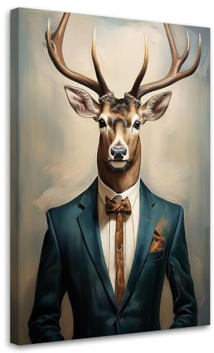 Feeby Leinwandbild - Bilder Wohnzimmer - Hirsch Geschäftsmann Abstraktion Vintage - 40x60 1tlg - Deko Schlafzimmer - Wanddekoration - Aesthetic - Groß Moderne Bild - Foto auf Leinwand