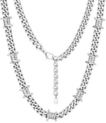 Bestyle Mens Chain Necklace, Cuban Link Stainless Steel Barbed Wire Necklaces for Men, Thorns Choker for Women