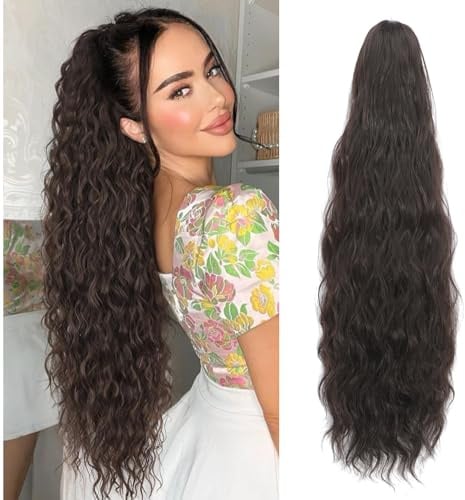 Ponytail Extension 24 Inch Claw Clip Ponytail Extension 190g Wavy Curly Claw Clip in Ponytail Hair Extensions Pony Tail Synthetic Hairpiece for Women (Dark Chocolate Brown, 24 Inch)