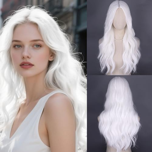 Fulang Hair Lange White Perücke für Frauen, Lange Lockige Hitzebeständige Faser Synthetische Perücke White Perücken, peruka damen natürlich haare für den täglichen
