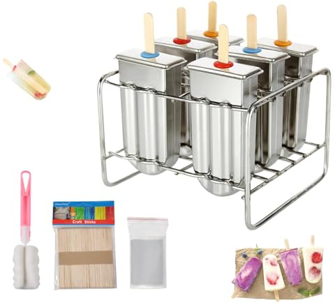 Vibrivio Moules à glace en acier inoxydable 304, moules à glace anti-fuite avec bâtonnets en bois et base en métal, machines à glaçons réutilisables pour les enfants et la famille (6 formes + 50