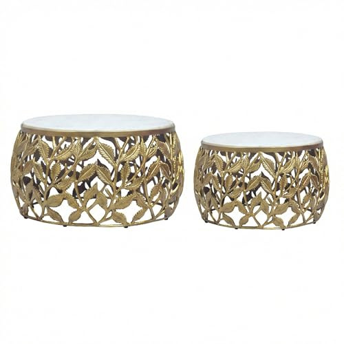 Wohnling 2er Set Couchtisch Gold mit weißer Marmor Tischplatte - Wohnzimmer Tisch Satztisch rund - Beistelltisch Alu modern - Sofatisch Set Aluminium Metallgestell Design Handmade