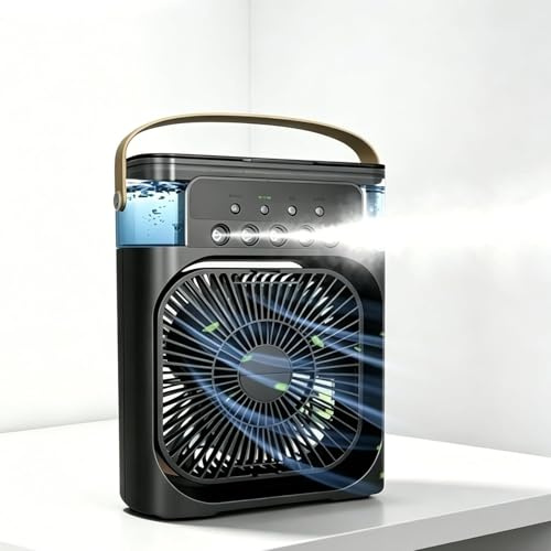 Ventilatore portatile 4 in 1 con funzione di raffreddamento dell'aria,Mini Condizionatore Portatile - 3 velocità del vento, ventilatore, umidificatore, aromaterapia e luce LED, Nero