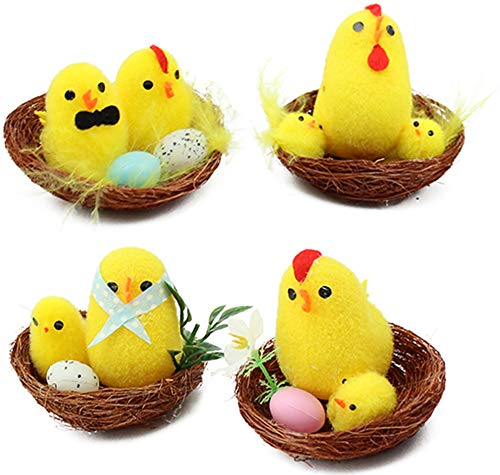 com-four® 4X Osternest Natur mit Henne und Küken - Oster-Deko - Mini-Vogelnest - Küken Deko - Frühlingsdeko (04 Stück - Nest mit Henne+Küken)