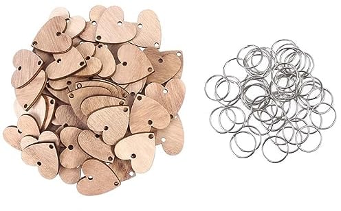 WINOMO 50pcs Heart Wooden Slices with 50 Iron Loops Wooden Calendar Board Heart-Shaped Wood Cutouts Wood Grain Heart Shapes Calendar Unfinished Predrilled Wooden Discs for Crafts, Wooden Circles