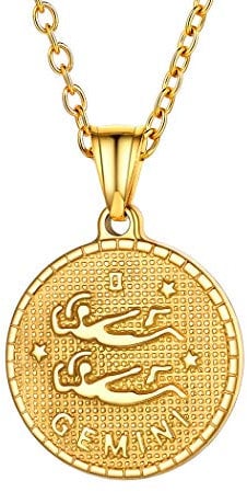 Suplight Gold Gemini Coin Necklace Personalized Name Jewelry Stainless Steel Horoscope Constellation Zodiac Star Sign Charm Necklace for Women Men Birthday