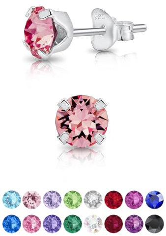 Pendientes Rosa en Plata de Ley 925 con Cristales Swarovski 5 mm - Pendientes de Colores - Aretes Pequeños Plata de Ley 925 - Pendientes Mujer Rosa