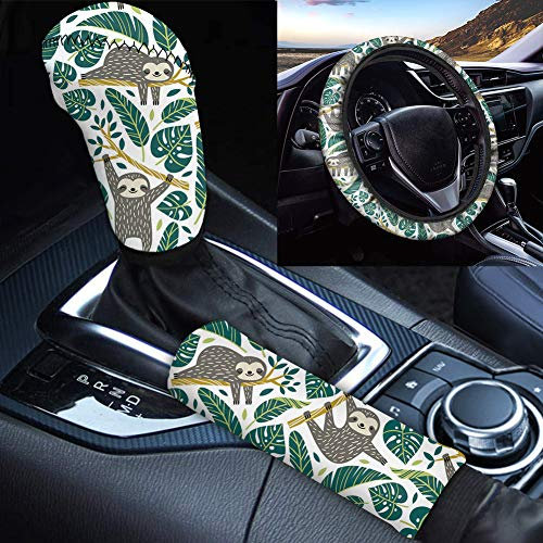 Woisttop 3-teiliges Auto-Innenzubehör für Damen und Herren, lustiger Baby-Faultier-Druck, Auto-Lenkradbezug mit Schaltbezug und Handbremsbezug.