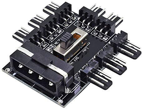 LTronics 8 Fan Controller Hub Adapter with 2 Level Speed Control, 3 Pin, 12V MOLEX Power - Black