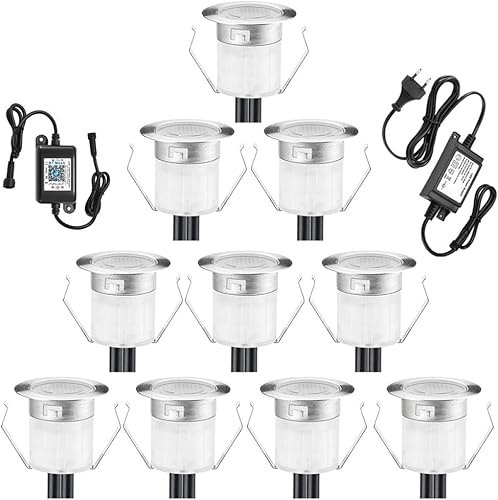 Bodeneinbaustrahler Aussen CCT Warmweiß Kaltweiß-Bluetooth Ø45mm LED Treppenbeleuchtung 12V Mini Spot led einbaustrahler außen, IP67 Wasserdicht, APP Steuerbar, für Garten Treppen Holzdeck