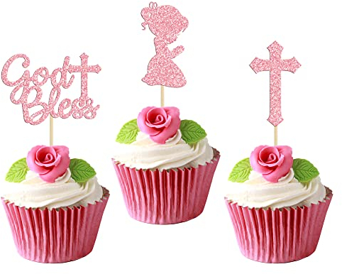 Gyufise 24Pcs Pink Glitter Girl God Bless and Baptism Cupcake Toppers Cross Babyshower Cupcake Picks Christian Party Decoration Supplies