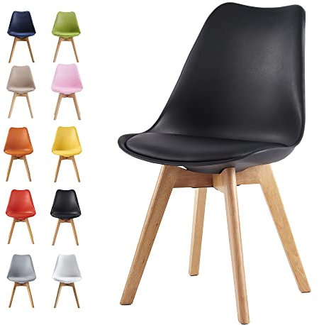 mcc direct Dining Chairs Wooden Legs Soft Cushion Pad Stylish DELUXE Retro Lounge Dining Office EVA (Black)