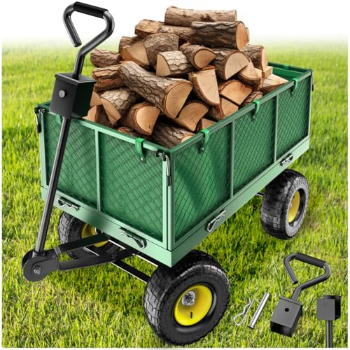 tectake® Chariot de Transport Jardin Remorque Chariot à roulettes Charrette à Bras Capacité 550 kg Parois latérales rabattables et Bâche pour Bois de Chauffage Plage Peche Camping Outils Jardinage