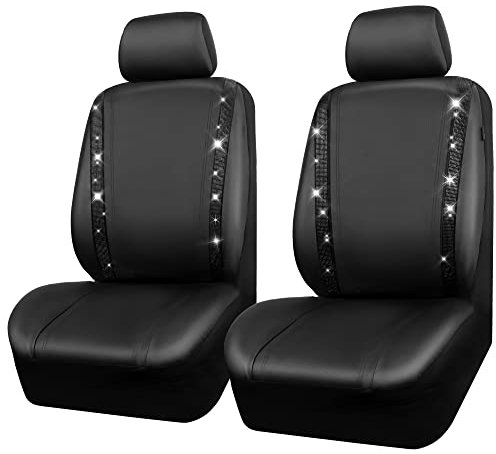 CAR PASS Wasserdicht Leder Autositzbezüge, Bling Diamant 2 Vordersitzbezüge, Glänzend Kristall Glitzernd, Universal für 95% Aller Automobile LKW SUV, Frauen Männer(Vordersitze, Schwarz)