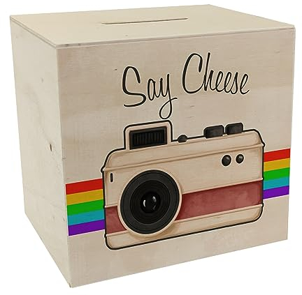 Say Cheese Spardose aus Holz mit Retro Kameramotiv schöne Sparbüchse für Fotografen im Retrolook als Geschenk um für eine Neue Kamera oder Equipment zu sparen