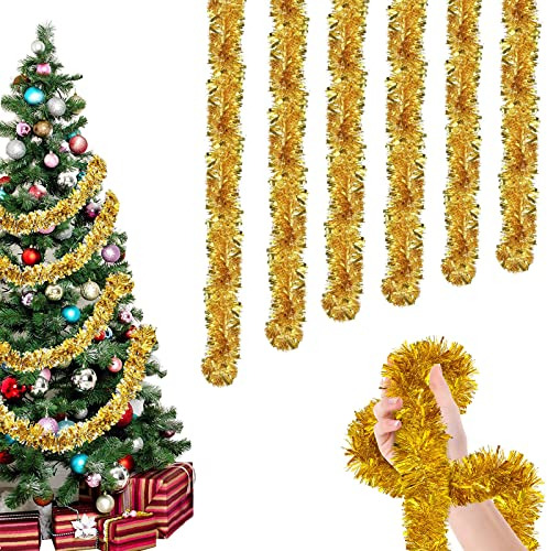 Weihnachten Lametta Girlande,6 Stück x 2M Lametta Glänzend Girlande,Weihnachtsbaum Dekoration Girlande,Festliches Weihnachten Lamettaa(Gold)