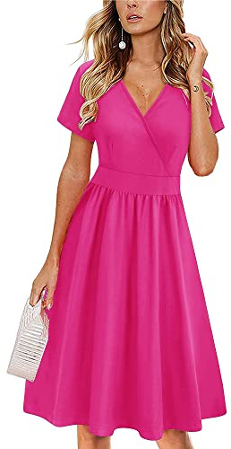 VOTEPRETTY Vestido cruzado de manga corta con cuello en V para mujer, vestido de verano casual floral con bolsillos, Rosa fuerte, M